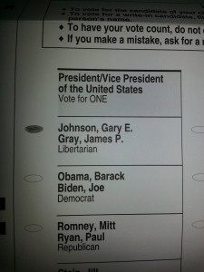 Picture of a ballot with a vote for Gary Johnson for President 2012
